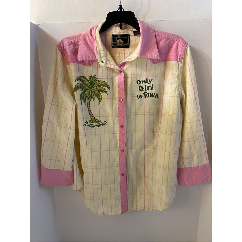 Jimmy Buffet Margaritaville cowgirl snap top shirt Xl pink yellow rn#113903‎